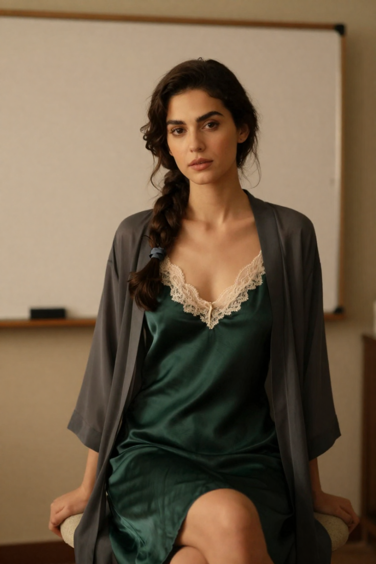 FuliWander muse in a deep green silk slip dress with cream lace and a sheer charcoal robe by a blank board